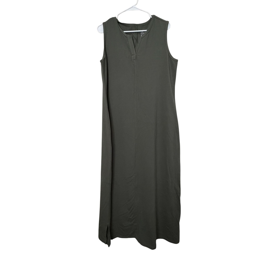 Denim & Co Olive Green Sleeveless Split V-Neck Knit Maxi Dress Women Large